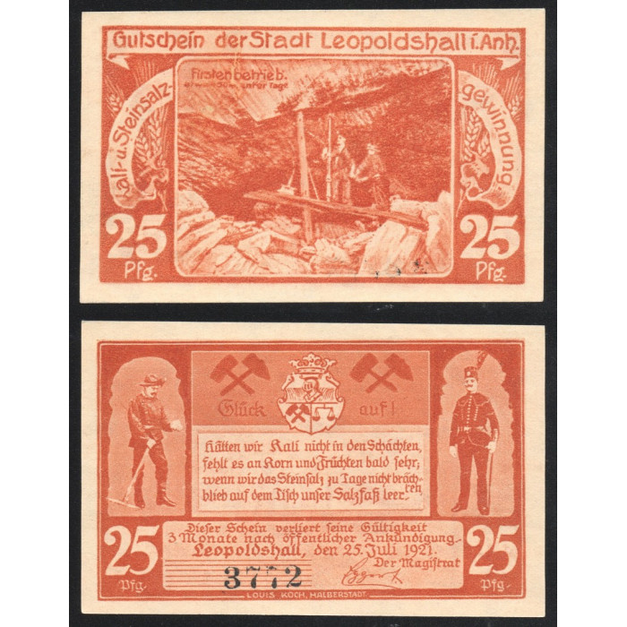 Германия 25 Пфеннигов 1921 год GrM# 794.1a-1/3 Леопольдсхал Саксония-Анхальт Нотгельд № 3772