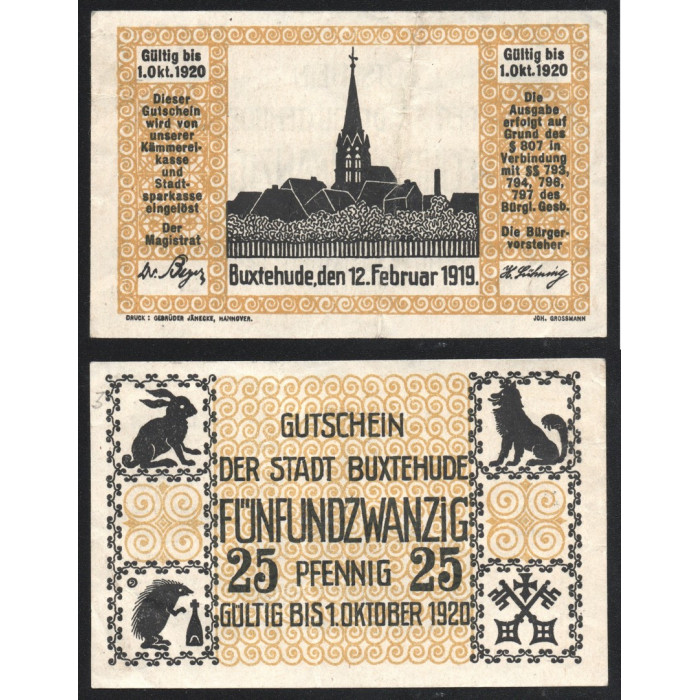 Германия 25 Пфеннигов 1919 (1920) год Gra# B108.1a Букстехуде Ганновер Нижняя Саксония Нотгельд