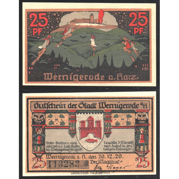 Германия 25 Пфеннигов 1920 год GrM# 1407.1b-1/2 Вернигероде Саксония-Анхальт Нотгельд № 113283