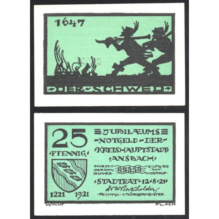 Германия 25 Пфеннигов 1921 год GrM# 35.1b-5/14 Ансбах Бавария Нотгельд № 89559