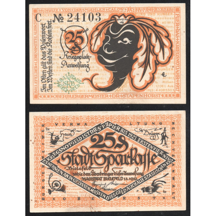 Германия 25 Пфеннигов 1919 (1921) год Gra# B44.9b Билефельд Северная Вестфалия Нотгельд № 24103