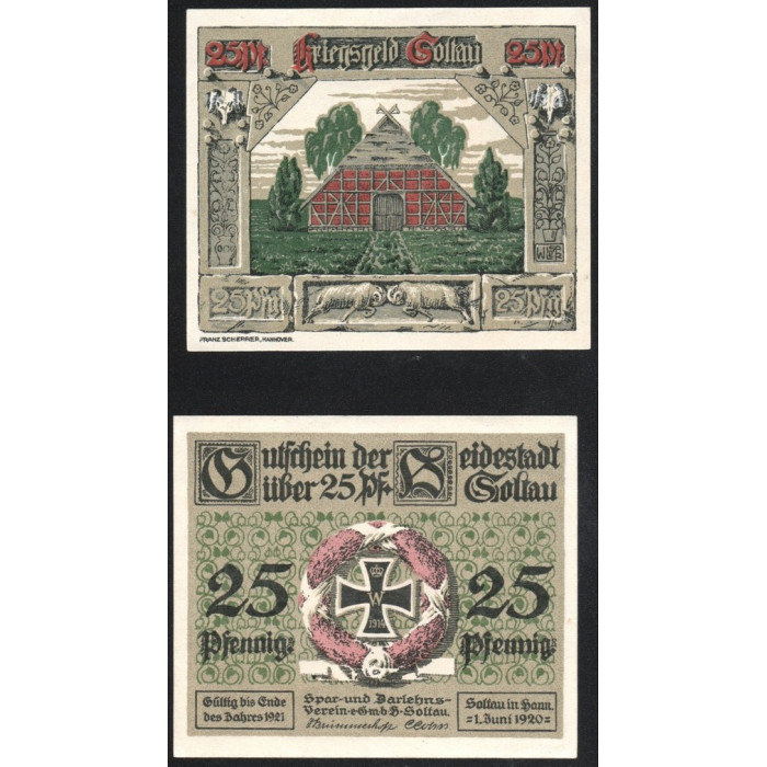 Германия 25 Пфеннигов 1919 год Tie# 6965.05.15 Зольтау Ганновер Нотгельд
