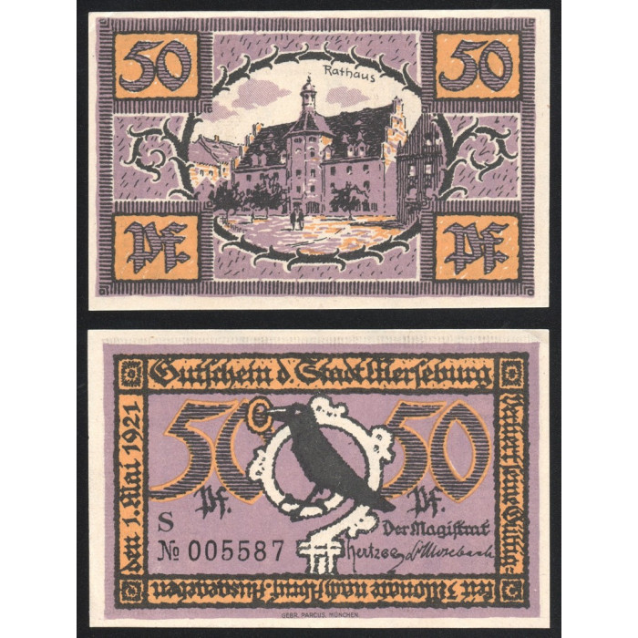 Германия 50 Пфеннигов 1921 год GrM# 884.1-10/10 Мерсебург Саксония-Анхальт Нотгельд № 005587