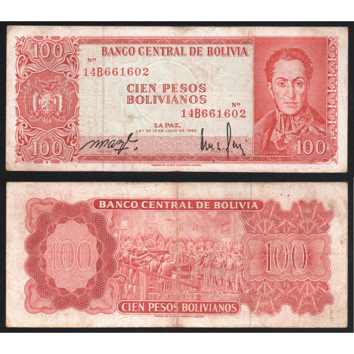 Боливия 100 Боливиано 1962 год P# 164Аa.1 Красный серийный номер Серия 14B