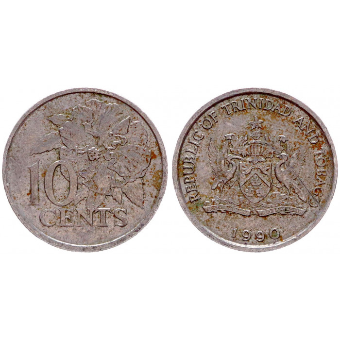 Тринидад и Тобаго 10 Центов 1990 год XF KM# 31 Цветок гибискуса