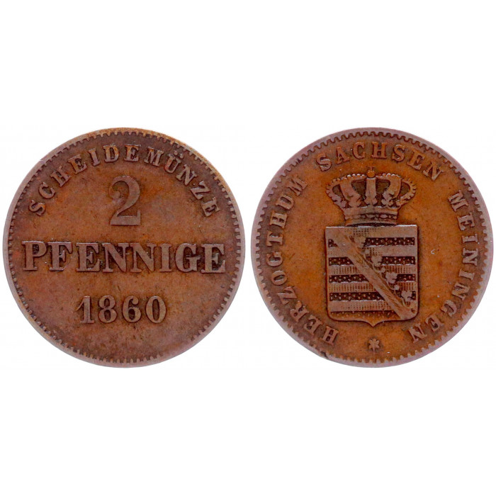 Германия 2 Пфеннига 1860 год KM# 171 Саксе-Майнинген Германские государства Бернхард II