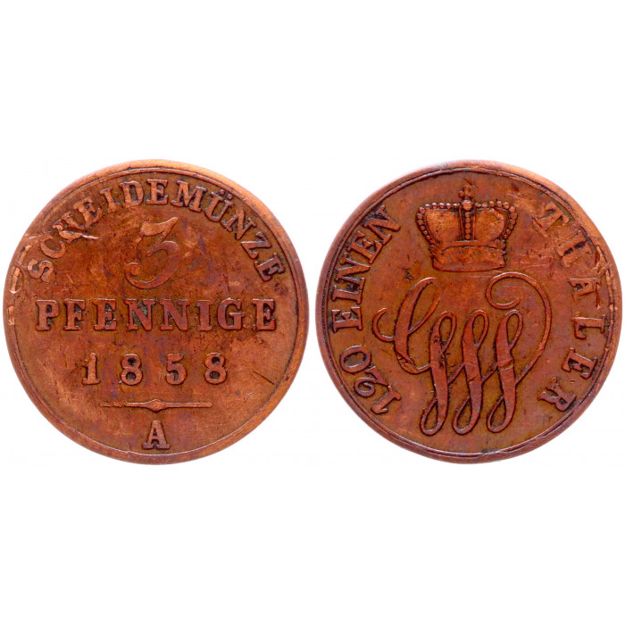 Германия 3 Пфеннига 1858 A год KM# 41 Шаумбург-Липпе Германские государства