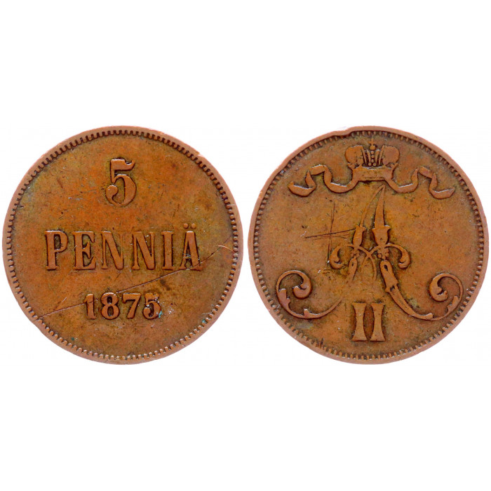 Россия Финляндия 5 Пенни 1875 год Бит# 663 Вензель Александра II