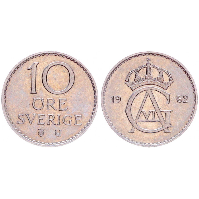 Швеция 10 Эре 1962 год XF КМ# 835 Густав VI