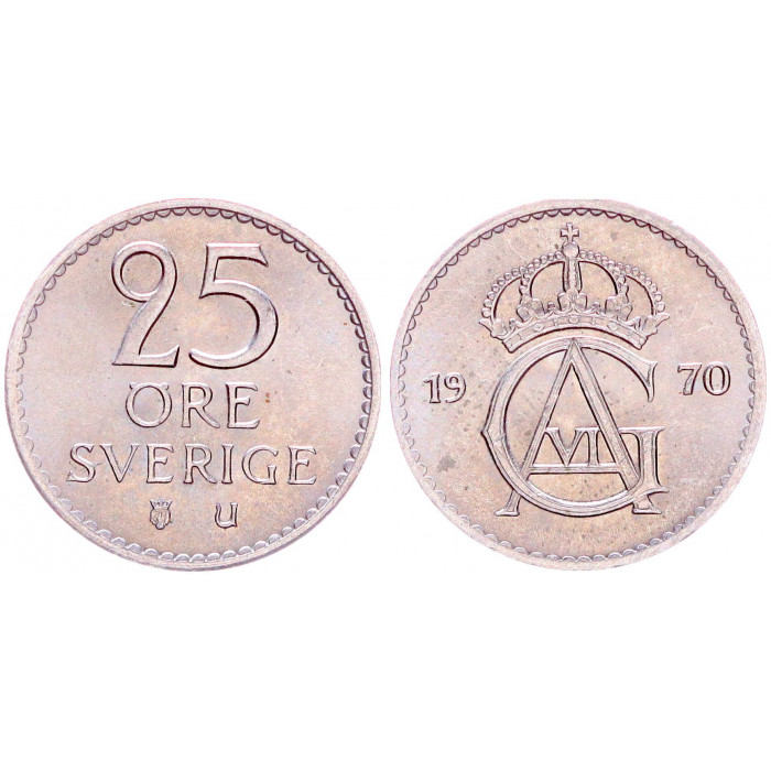 Швеция 25 Эре 1970 год XF KM# 836 Густав VI