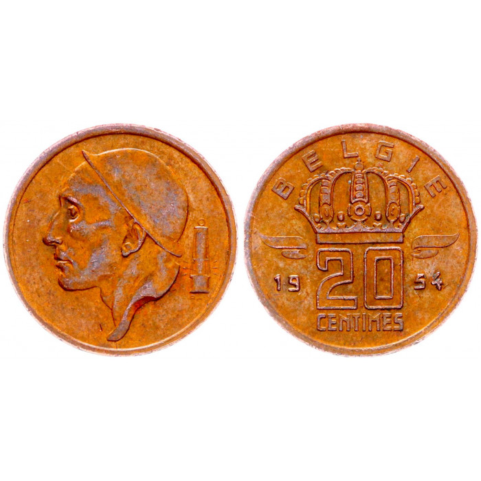 Бельгия 20 Сентим 1954 год XF КМ# 147.1 Шахтёр BELGIE Бодуэн I
