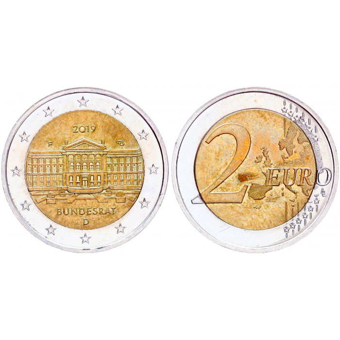 Германия ФРГ 2 Евро 2019 D год XF KM# 377 70-я годовщина основания Бундесрата Биметалл