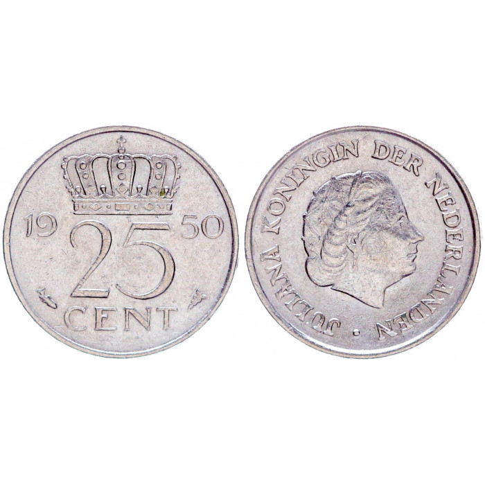 Нидерланды 25 Центов 1950 год XF КМ# 183 Юлиана (BOX823)