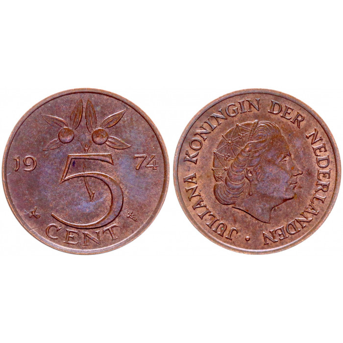 Нидерланды 5 Центов 1974 год XF КМ# 181 Юлиана (BOX850)