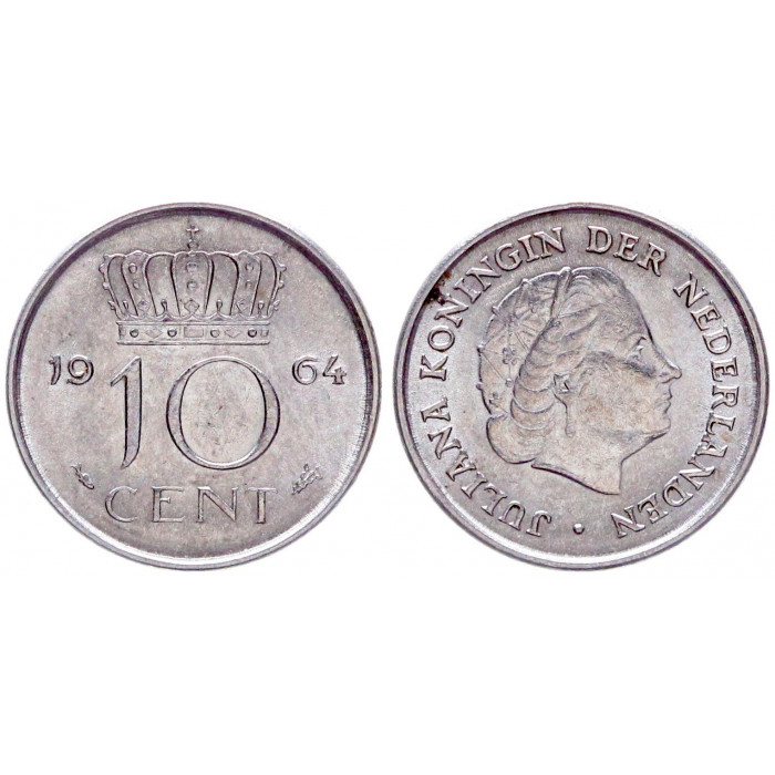 Нидерланды 10 Центов 1964 год XF КМ# 182 5-я Королева Юлиана (BOX878)