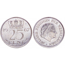 Нидерланды 25 Центов 1967 год XF KM# 183 5-я Королева Юлиана