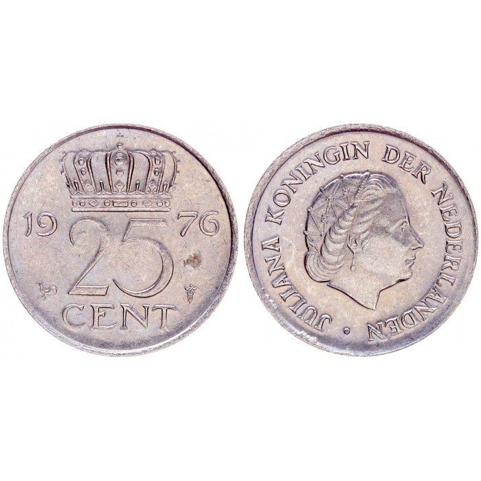 Нидерланды 25 Центов 1976 год XF KM# 183 5-я Королева Юлиана