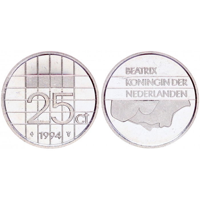 Нидерланды 25 Центов 1994 год XF KM# 204 6-я Королева Беатрикс