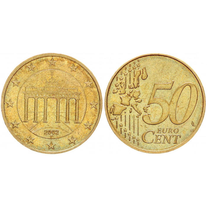 Германия ФРГ 50 Евроцентов 2002 F год XF KM# 212 Бранденбургские ворота
