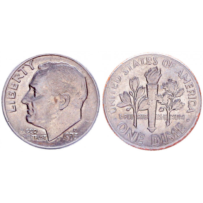 США 10 Центов 1973 D год KM# 195a Дайм 32-й президент Франклин Д. Рузвельт