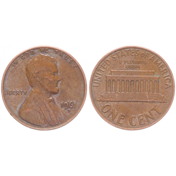 США 1 Цент 1961 D год KM# 201 Мемориал Линкольна