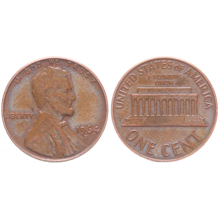 США 1 Цент 1964 D год KM# 201 Мемориал Линкольна (BOX810)
