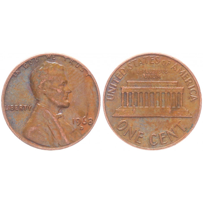 США 1 Цент 1968 D год KM# 201 Мемориал Линкольна (BOX)