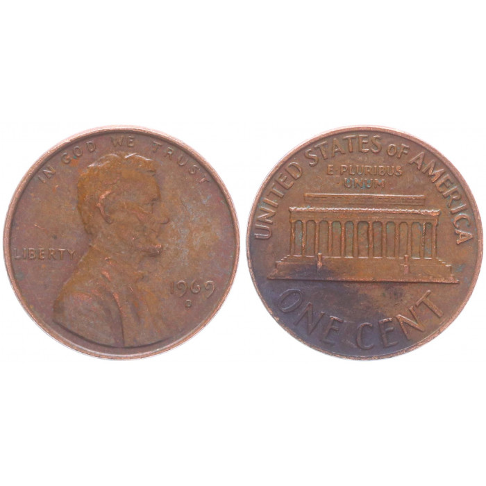 США 1 Цент 1969 D год KM# 201 Мемориал Линкольна (BOX1080)