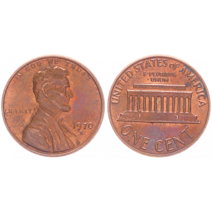 США 1 Цент 1970 S год KM# 201 Мемориал Линкольна (BOX505)