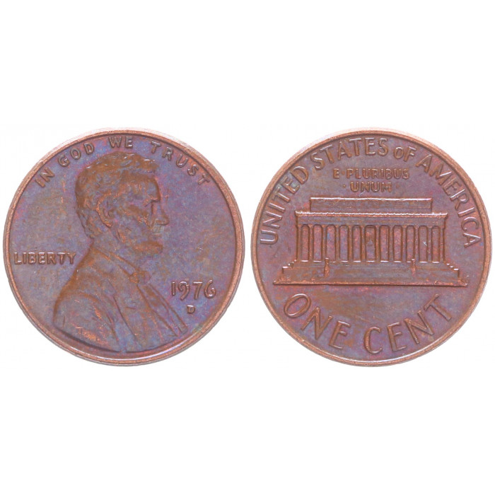 США 1 Цент 1976 D год KM# 201 Мемориал Линкольна (BOX334)