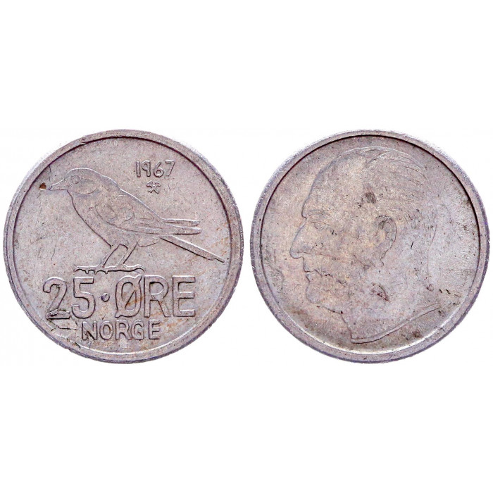Норвегия 25 Эре 1967 год XF KM# 405 Фауна Сибирская синица Улаф V