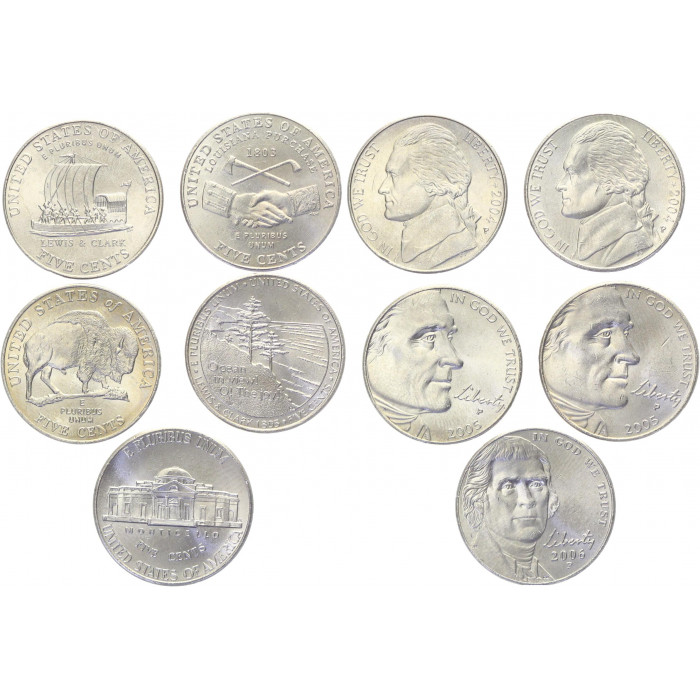США 5 Центов 2004 - 2006 P год UNC KM# 360, 361, 368, 369, 381 Набор из 5 монет Серия Освоение Запада (BOX416)