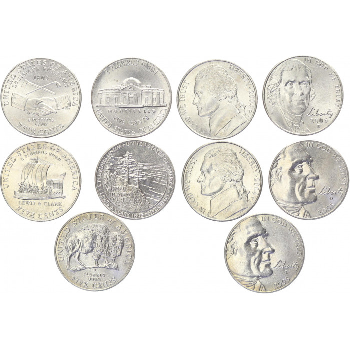 США 5 Центов 2004 - 2006 D год UNC KM# 360, 361, 368, 369, 381 Набор из 5 монет Серия Освоение Запада (BOX974)