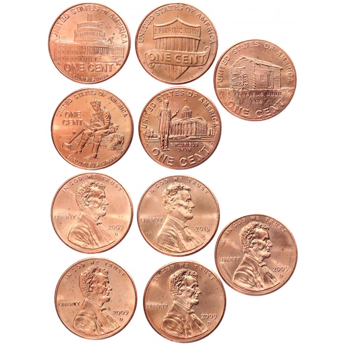 США 1 Цент 2009 - 2015 D год UNC KM# 441, 442, 443, 444, 468 Набор из 5 монет Серия 200 лет со дня рождения Авраама Линкольна (BOX)
