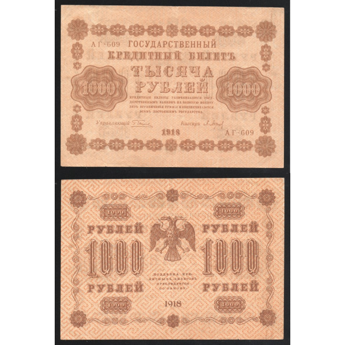 Россия 1000 Рублей 1918 год P# 95b.2 Г. Пятаков П. Барышев Серия АГ-609