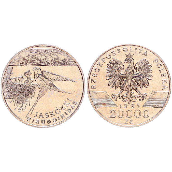 Польша 20000 Злотых 1993 год UNC Y# 243 Деревенская ласточка