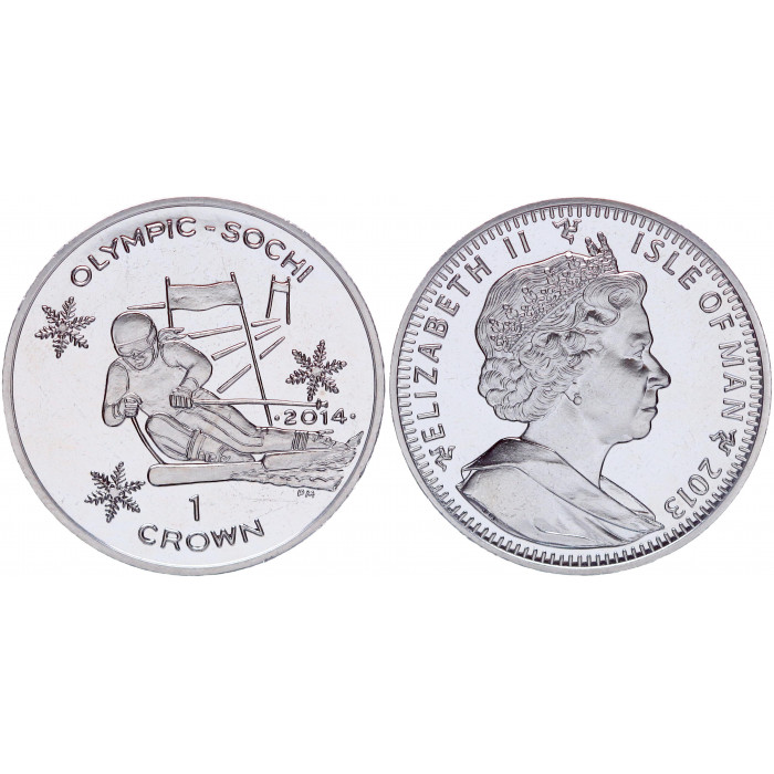 Остров Мэн 1 Крона 2014 год UNC KM# 1548 Горные лыжи XXII Зимние Олимпийские игры 2014 в Сочи