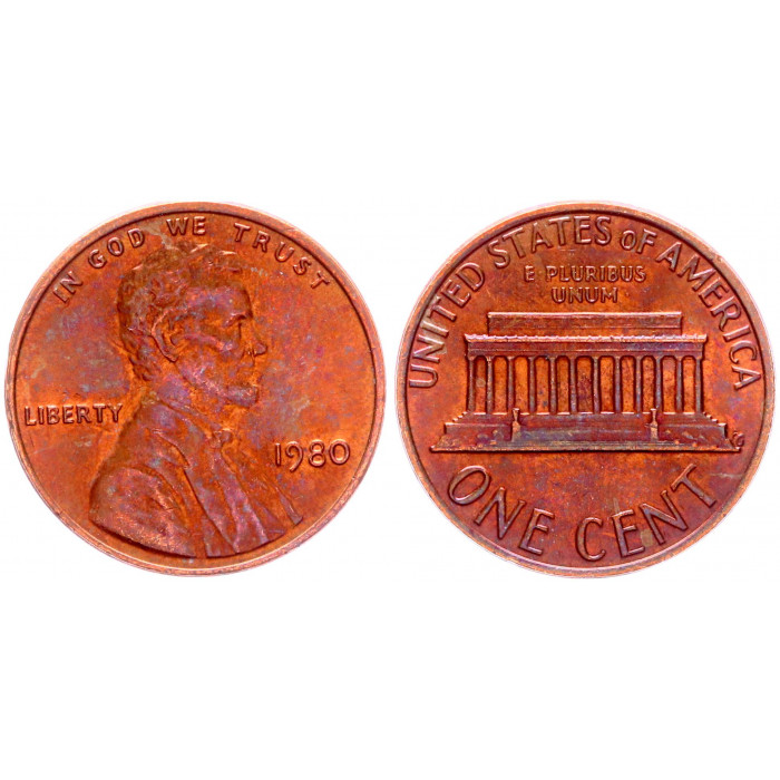 США 1 Цент 1980 год KM# 201 Филадельфия Мемориал Линкольна (BOX)