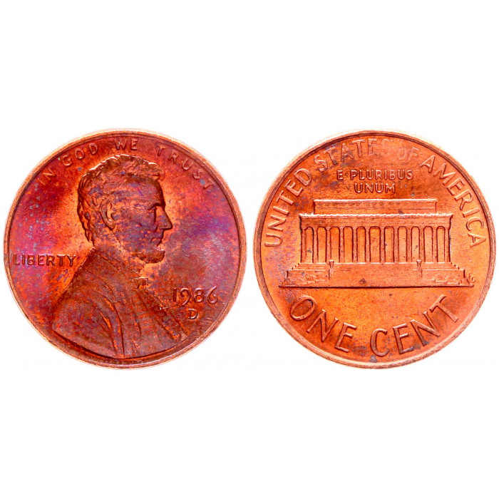 США 1 Цент 1986 D год KM# 201b Денвер Мемориал Линкольна (BOX990)