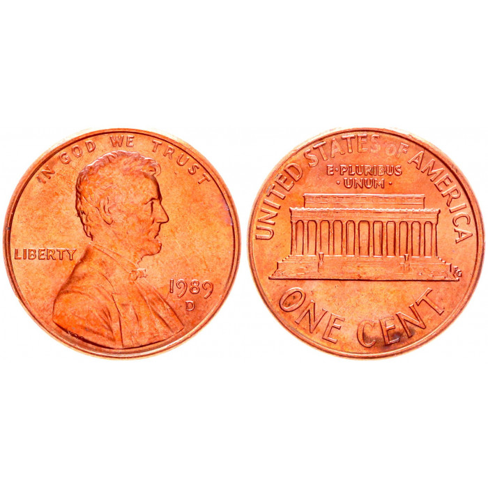 США 1 Цент 1989 D год KM# 201b Денвер Мемориал Линкольна (BOX1064)