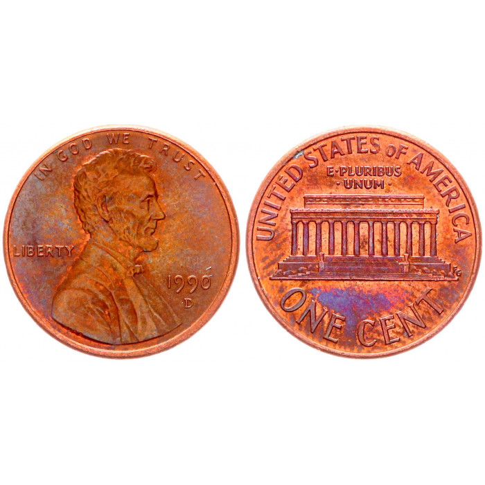 США 1 Цент 1990 D год KM# 201b Денвер Мемориал Линкольна (BOX988)