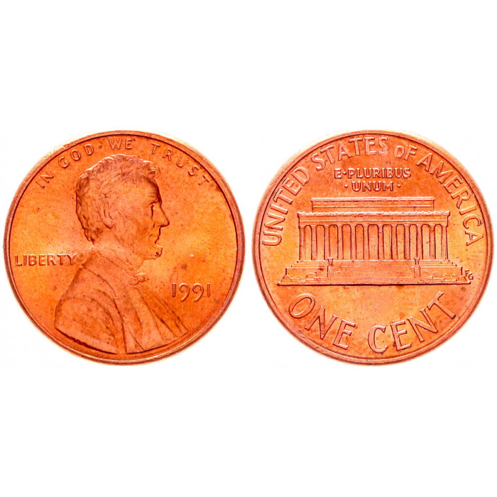 США 1 Цент 1991 год KM# 201b Филадельфия Мемориал Линкольна (BOX1029)