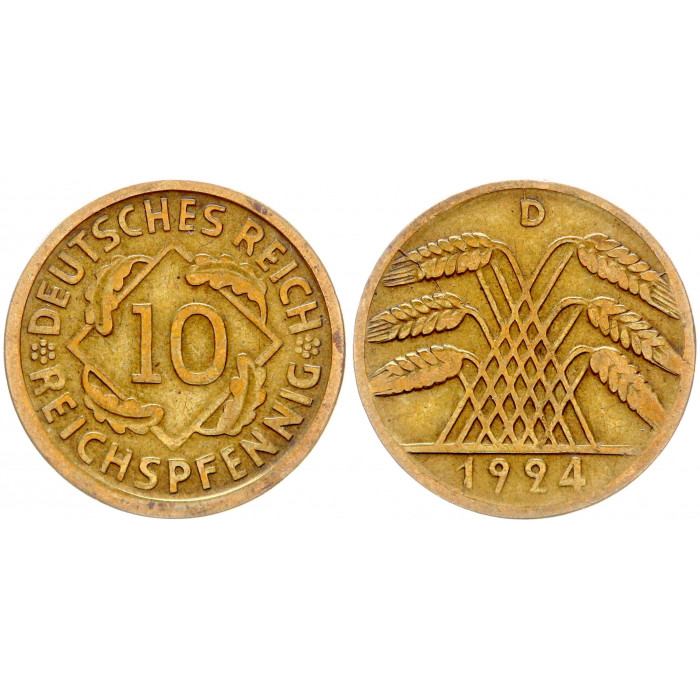 Германия 10 Рейхспфеннигов 1924 D год KM# 40 Мюнхен Веймарская Республика (BOX148)
