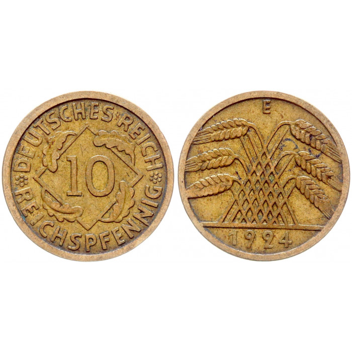 Германия 10 Рейхспфеннигов 1924 E год KM# 40 Мюльденхуттен Веймарская Республика (BOX1036)