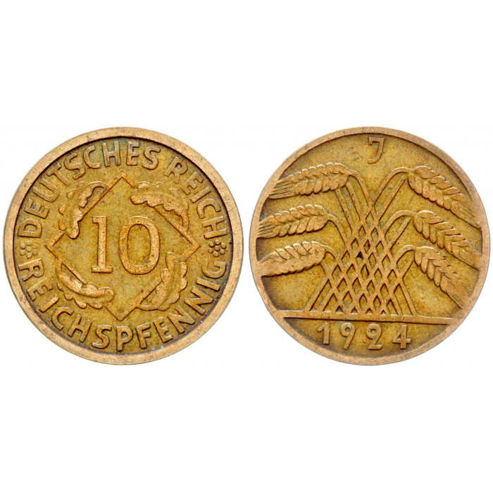 Германия 10 Рейхспфеннигов 1924 J год KM# 40 Гамбург Веймарская Республика (BOX838)