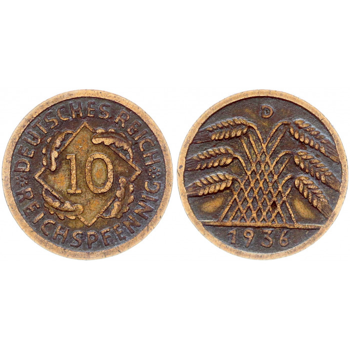 Германия 10 Рейхспфеннигов 1936 D год KM# 40 Мюнхен Веймарская Республика