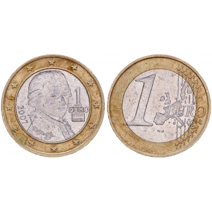 Австрия 1 Евро 2007 год KM# 3088 Вольфганг Амадей Моцарт Биметалл