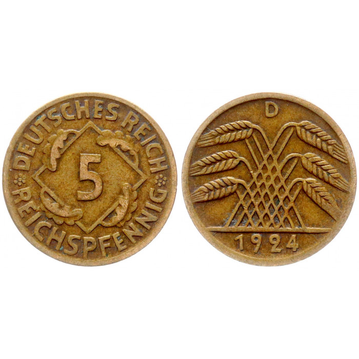 Германия 5 Рейхспфеннигов 1924 D год KM# 39 Мюнхен Веймарская Республика (BOX1119)