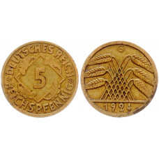 Германия 5 Рейхспфеннигов 1924 G год KM# 39 Карлсруэ Веймарская Республика (BOX994)