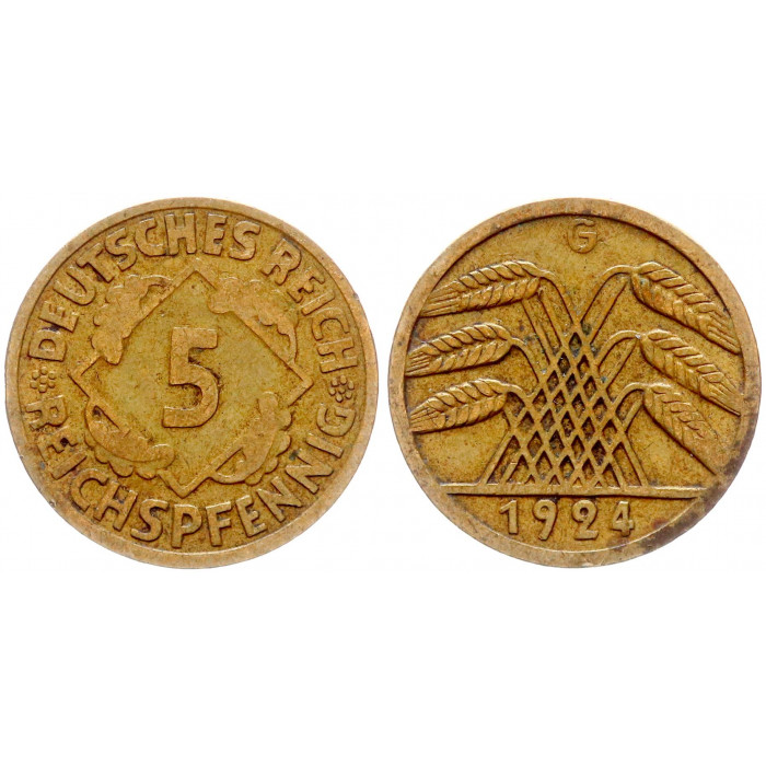Германия 5 Рейхспфеннигов 1924 G год KM# 39 Карлсруэ Веймарская Республика (BOX994)